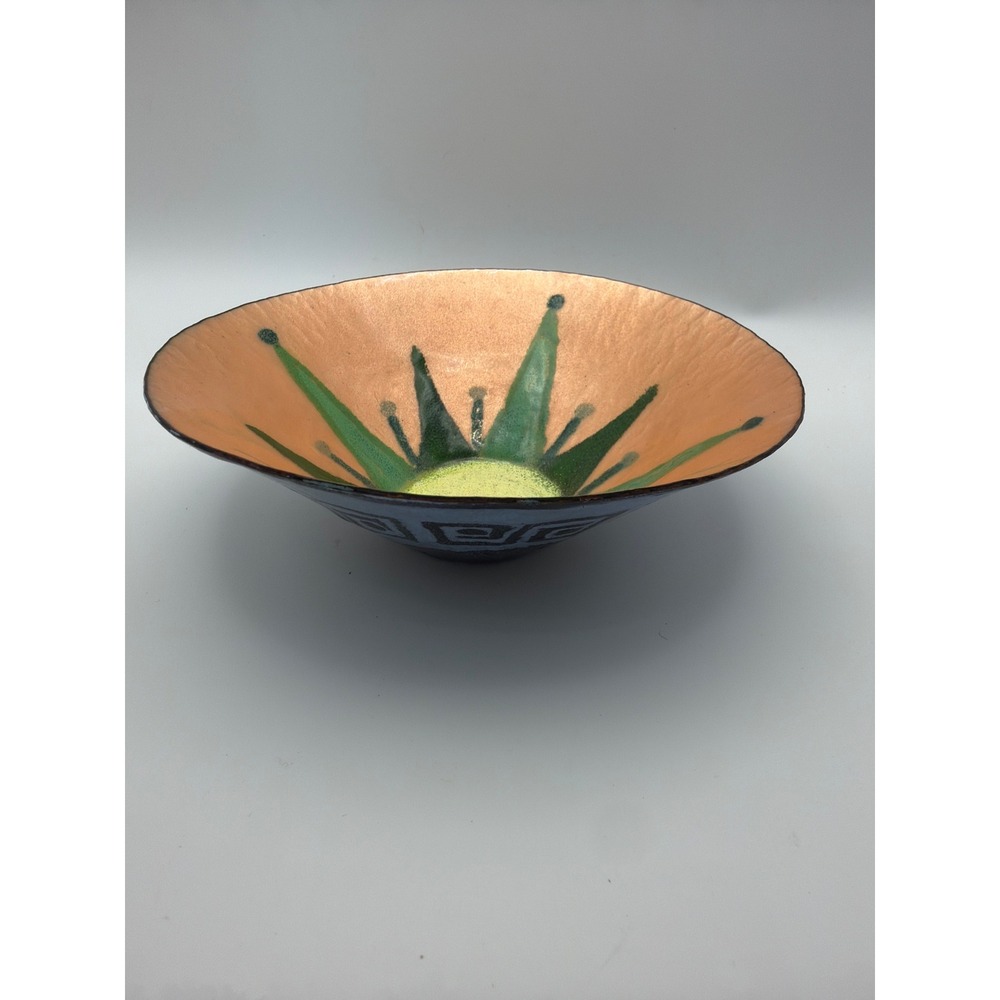 Vintage Mid Century Atomic Starburst Enamel on Copper Bowl Greek Key 6 Inch